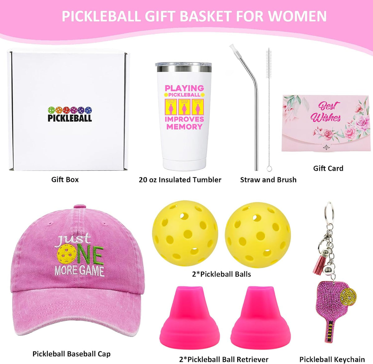 Pickleball Gifts for Women, Funny Pickleball Birthday Gifts Basket for Wife Mom Grandma Aunt Sister Friends, PB Accessories Set with Hat Tumbler for Lady Player