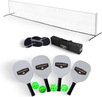 Deluxe Pickleball Set with Net - Laminated Wood Pickleball Paddles Set of 4, Black Boundary Line, 4 Pickleball Balls, Carrying Bag, & Portable Pickleball Net for Driveway, Court, & More
