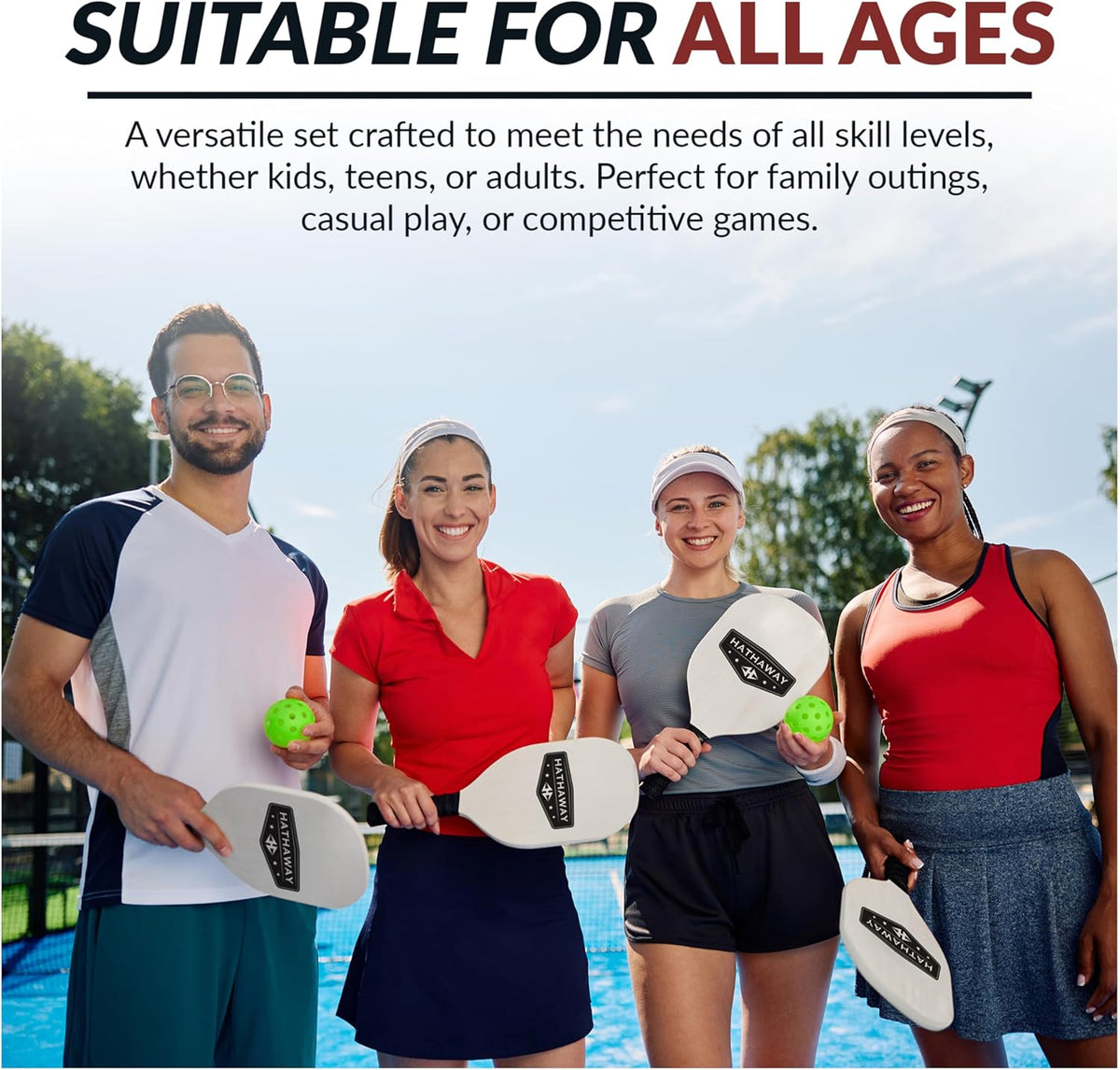 Deluxe Pickleball Set with Net - Laminated Wood Pickleball Paddles Set of 4, Black Boundary Line, 4 Pickleball Balls, Carrying Bag, & Portable Pickleball Net for Driveway, Court, & More