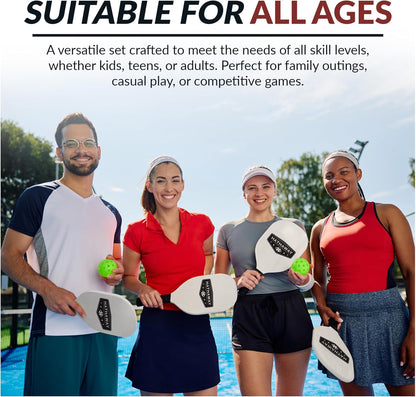 Deluxe Pickleball Set with Net - Laminated Wood Pickleball Paddles Set of 4, Black Boundary Line, 4 Pickleball Balls, Carrying Bag, & Portable Pickleball Net for Driveway, Court, & More