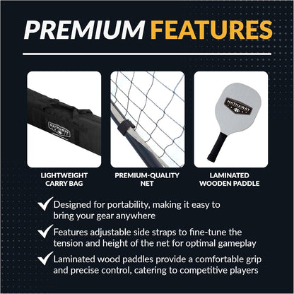 Deluxe Pickleball Set with Net - Laminated Wood Pickleball Paddles Set of 4, Black Boundary Line, 4 Pickleball Balls, Carrying Bag, & Portable Pickleball Net for Driveway, Court, & More