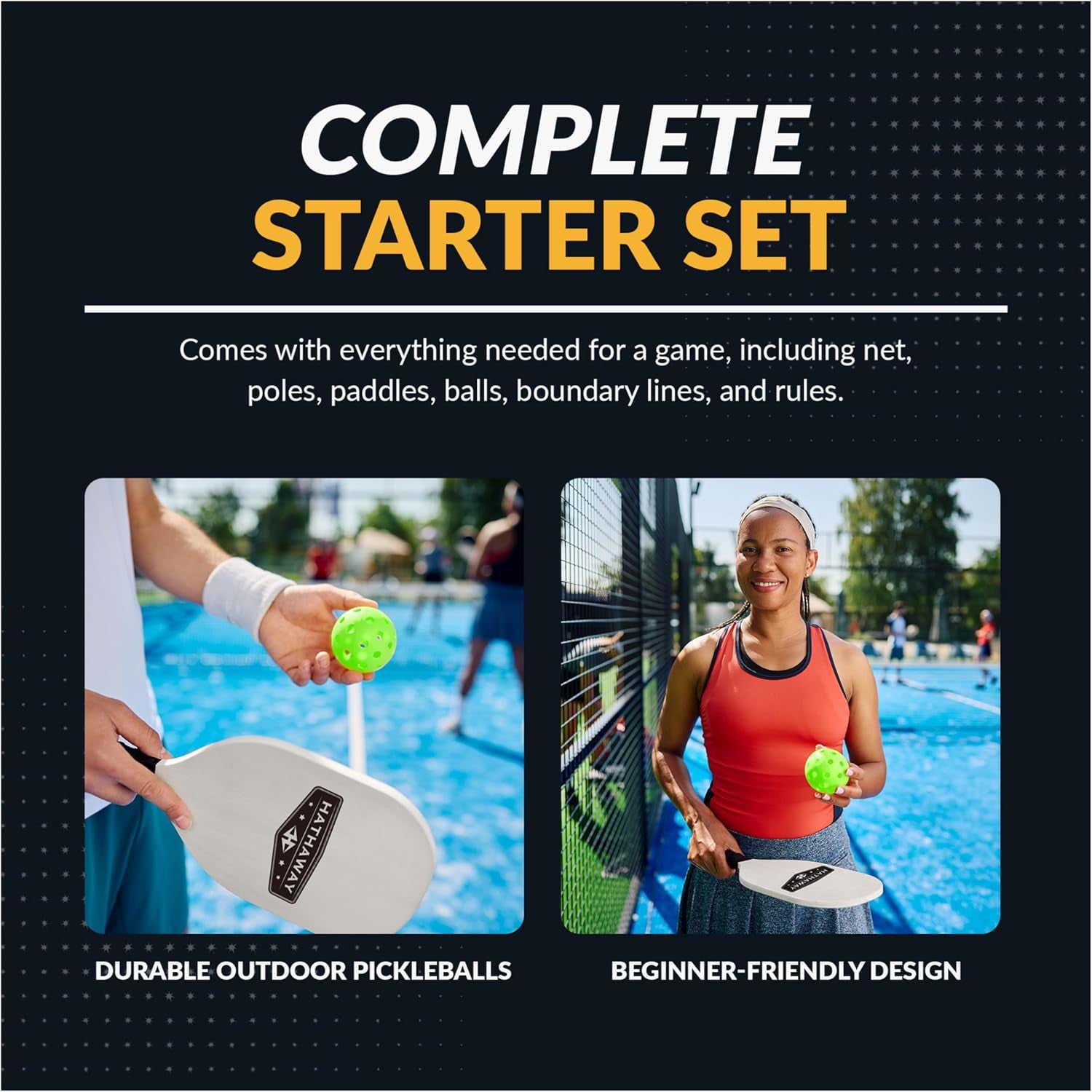 Deluxe Pickleball Set with Net - Laminated Wood Pickleball Paddles Set of 4, Black Boundary Line, 4 Pickleball Balls, Carrying Bag, & Portable Pickleball Net for Driveway, Court, & More